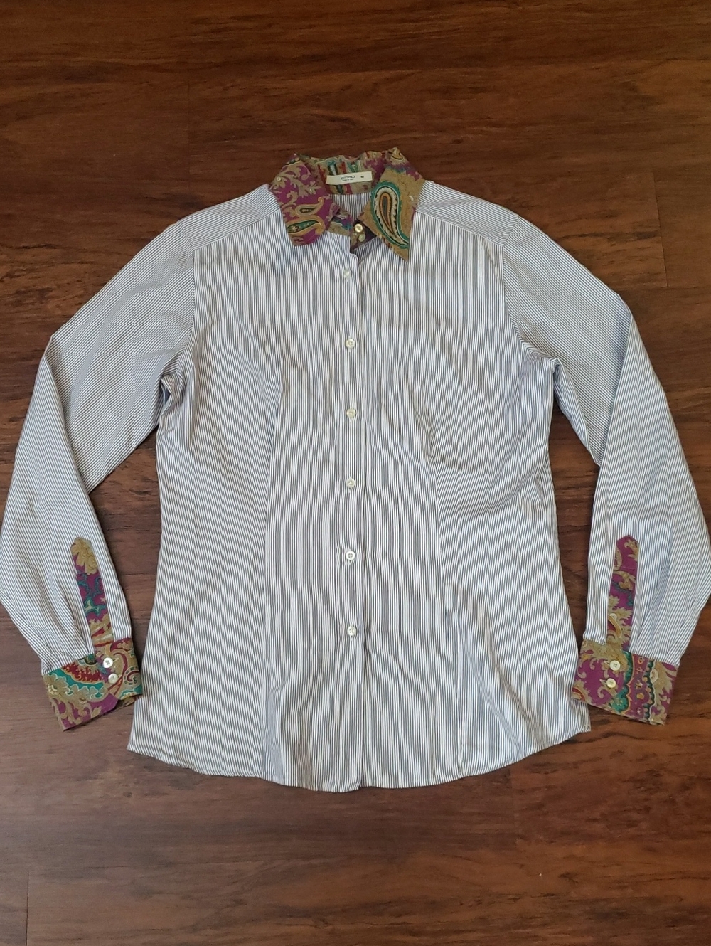 Etro Womens Pinstripe Dress Shirt Size 46 Paisley Accent Collar & Cuffs
